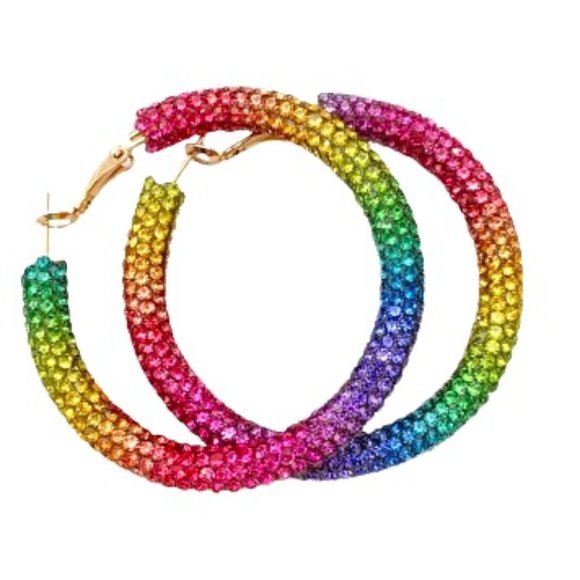 Hoop Earrings & Bracelet Set Pave Crystals Rainbow Iridescent - Picture 10 of 15